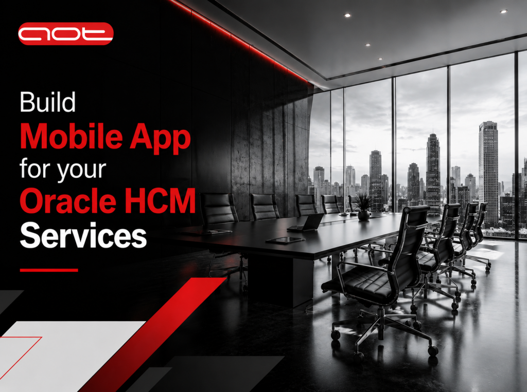 Boardroom with a long black table and red accents, city skyline visible through windows; bold left-side text promotes building a mobile app for Oracle HCM Services.