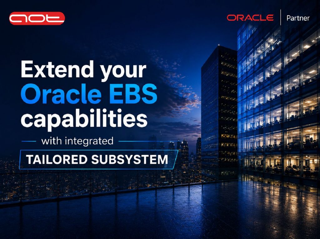 Promotional banner with a night city skyline and large white-and-blue text about extending Oracle EBS capabilities with an integrated tailored subsystem.